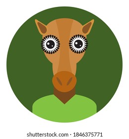 Kawaii funny camel, portrait, face on green round background. Card banner design Nursery decor trend of the season, scandinavian style. Vector