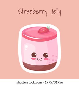 Kawaii funny cartoon pink strawberry flavour jelly character. Cute summer food vector illustration on light color background. Children menu, nursery decoration, fabric print, card. Pink food emoji.