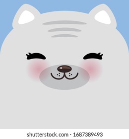 Kawaii funny cat, closed eyes Gray face on blue background. Card banner design Nursery decor trend of the season, scandinavian style. Vector 