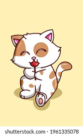 Kawaii and funny cat eating a candy cartoon illustration