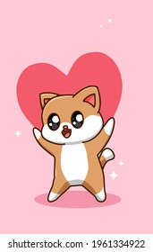Kawaii and funny cat give a big heart valentine cartoon illustration