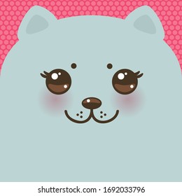 Kawaii funny cat, grey cat face on pink background. Card banner design Nursery decor trend of the season, scandinavian style. Vector