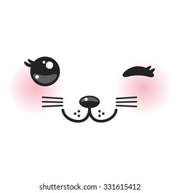 Kawaii es un divertido bozal de gatos con mejillas rosas y ojos guiñados en el fondo blanco. Vector