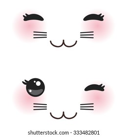 Kawaii funny cat muzzle with pink cheeks and big black eyes on white background. Vector