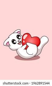Kawaii and funny cat that rolls with a big heart valentine cartoon illustration