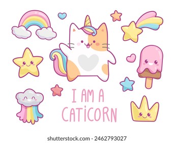 Kawaii funny Cat Unicorn with elements in pastel color style vector set. Cute ginger Kitten Unicorn with funny kawaii ice cream, cloud, rainbow, heart, happy star etc
