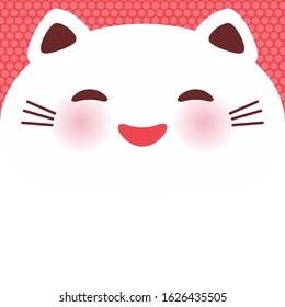 Kawaii funny cat, white bear face on pink dot background. Card banner design Nursery decor trend of the season, scandinavian style. Vector