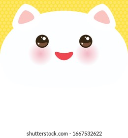 Kawaii funny cat, white pink bear face on yellow dot background. Card banner design Nursery decor trend of the season, scandinavian style. Vector