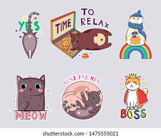 kawaii funny cats stickers. Print on T-shirts, sweatshirts, cases for mobile phones, souvenirs, scrapbooking elements. Vector illustration