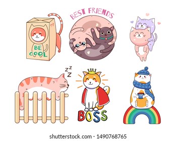 kawaii funny cats stickers. Print on T-shirts, sweatshirts, cases for mobile phones, souvenirs, scrapbooking elements. Vector illustration