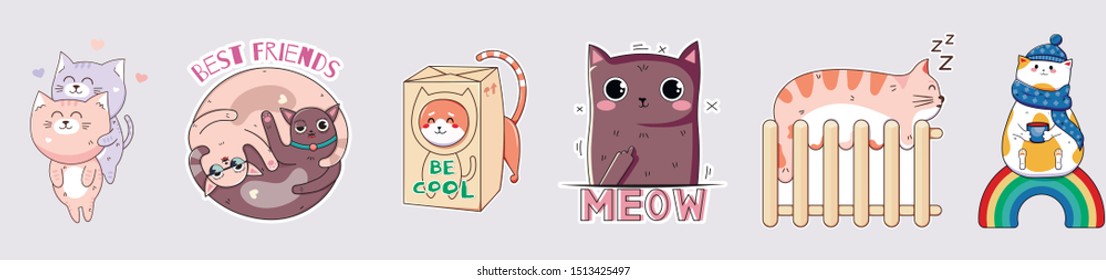 kawaii funny cats stickers. Print on T-shirts, sweatshirts, cases for mobile phones, souvenirs, scrapbooking elements. Vector illustration