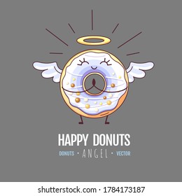 Kawaii funny donut angel. Sweet fast food vector illustration. Graphic print sign