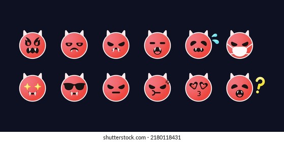 Kawaii Funny evil character with different head face expression emotion sticker illustration vector. Fun Emoji, Emoticon.