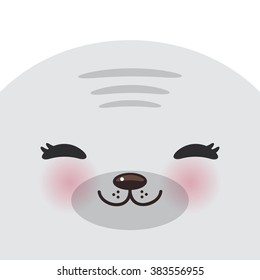 Kawaii funny gray seal muzzle with pink cheeks and winking eyes on white background. Vector illustration
