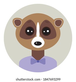 Kawaii funny lemur, portrait, face on Gray round background. Card banner design Nursery decor trend of the season, scandinavian style. Vector