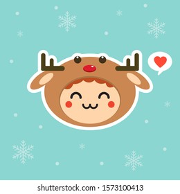 Kawaii and funny little boy dressed as deer. Cute kid in carnival costume. Merry Christmas and Happy New Year. Winter holiday. Flat vector design for greeting card, mascot, web