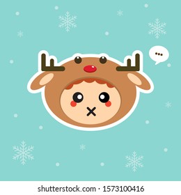 Kawaii and funny little boy dressed as deer. Cute kid in carnival costume. Merry Christmas and Happy New Year. Winter holiday. Flat vector design for greeting card, mascot, web