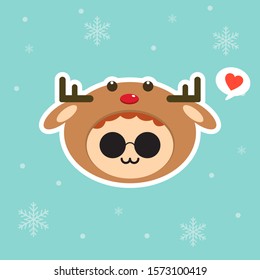 Kawaii and funny little boy dressed as deer. Cute kid in carnival costume. Merry Christmas and Happy New Year. Winter holiday. Flat vector design for greeting card, mascot, web