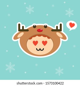 Kawaii and funny little boy dressed as deer. Cute kid in carnival costume. Merry Christmas and Happy New Year. Winter holiday. Flat vector design for greeting card, mascot, web