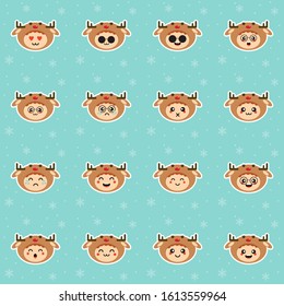 Kawaii and funny little boy dressed as deer. Cute kid in carnival costume. Merry Christmas and Happy New Year. Winter holiday. Flat vector design for greeting card, mascot, web