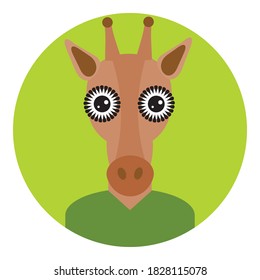 Kawaii funny little brown giraffe, portrait, face on green round background. Card banner design Nursery decor trend of the season, scandinavian style. Vector