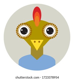 Kawaii funny little chicken rooster bird, portrait, face on pink round background. Card banner design Nursery decor trend of the season, scandinavian style. Vector 