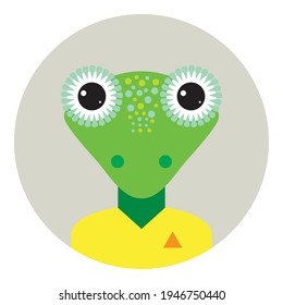 Kawaii funny little lizard, portrait, face on gray round background. Card banner design Nursery decor trend of the season, scandinavian style. Vector