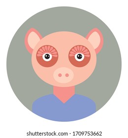 Kawaii funny little pig, portrait, face on Gray round background. Card banner design Nursery decor trend of the season, scandinavian style. Vector