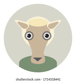 Kawaii funny little sheep, portrait, face on Gray round background. Card banner design Nursery decor trend of the season, scandinavian style. Vector 