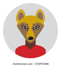 Kawaii funny little wolf dog, portrait, face on yellow round background. Card banner design Nursery decor trend of the season, scandinavian style. Vector 