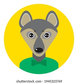 Kawaii funny little wolf dog, portrait, face on yellow round background. Card banner design Nursery decor trend of the season, scandinavian style. Vector