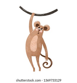 Kawaii funny monkey hanging on a tree. Vector illustration