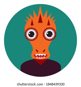 Kawaii funny monster dragon, portrait, face on green round background. Card banner design Nursery decor trend of the season, scandinavian style. Vector