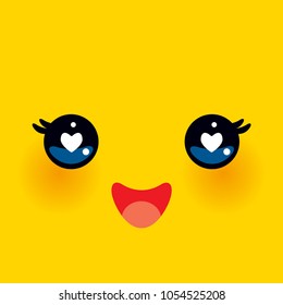 Kawaii funny muzzle in love with pink cheeks and big heart eyes Cute Cartoon Face on yellow orange background. Vector