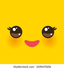 Kawaii funny muzzle with pink cheeks and big eyes Cute Cartoon Face on yellow orange background. Vector