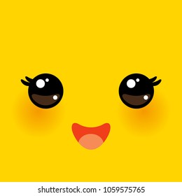 Kawaii funny muzzle with pink cheeks and big eyes Cute Cartoon Face on yellow orange background. Vector