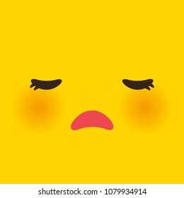 Kawaii funny muzzle with pink cheeks and big eyes Cute Cartoon sad Face on yellow orange background. Vector