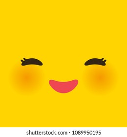 Kawaii funny muzzle with pink cheeks. Cute Cartoon Face on yellow orange background. Vector