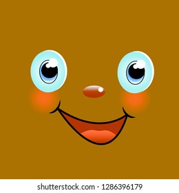 Kawaii funny muzzle with pink cheeks and big eyes Cute Cartoon Face on brown chocolate background. Vector

