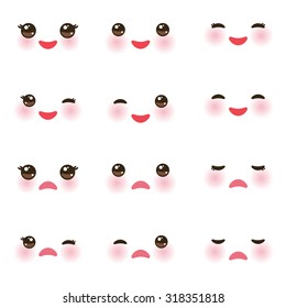 Kawaii funny muzzle with pink cheeks and winking eyes on white background. Vector