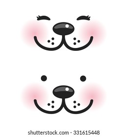 Kawaii funny muzzle with pink cheeks and winking eyes on white background. Vector