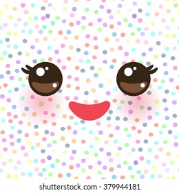Kawaii funny muzzle with pink cheeks and eyes on white polka dot background. Vector