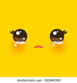 Kawaii funny muzzle with pink cheeks and big eyes Cute Cartoon Crying Face on yellow orange background. Vector