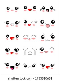 Kawaii funny muzzle set with pink cheeks and winking eyes on square background. Vector