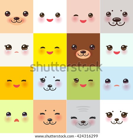 Kawaii funny muzzle set with pink cheeks and winking eyes on square background. Vector