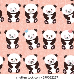 Kawaii funny panda seamless pattern on pink background, white muzzle with pink cheeks and big black eyes. Vector