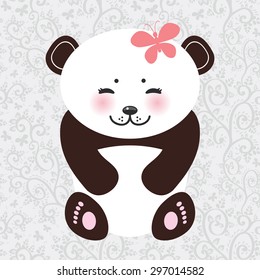 Kawaii funny panda white muzzle with pink cheeks and closed eyes. Vector