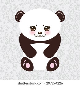Kawaii funny panda white muzzle with pink cheeks and big black eyes. Vector
