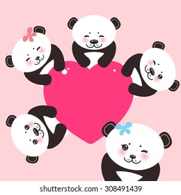Kawaii funny panda white muzzle with pink cheeks and big black eyes. Card design with a funny animal with pink heart on pink  background. Vector