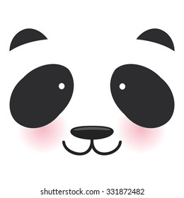 Kawaii funny panda white muzzle with pink cheeks and big black eyes  on transparent background. Vector